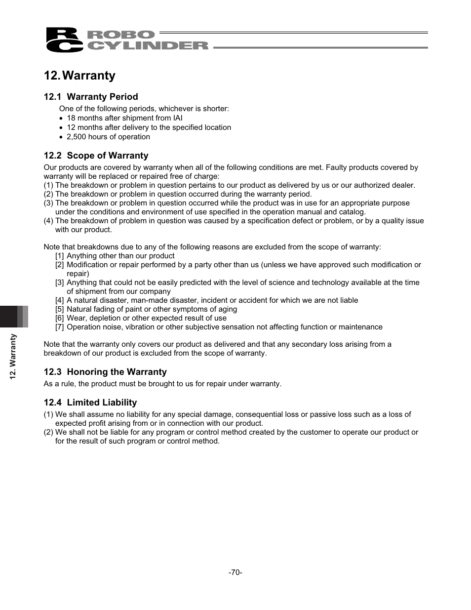 Warranty, 1 warranty period, 2 scope of warranty | 3 honoring the warranty, 4 limited liability | IAI America RCS2-SD5N User Manual | Page 76 / 80