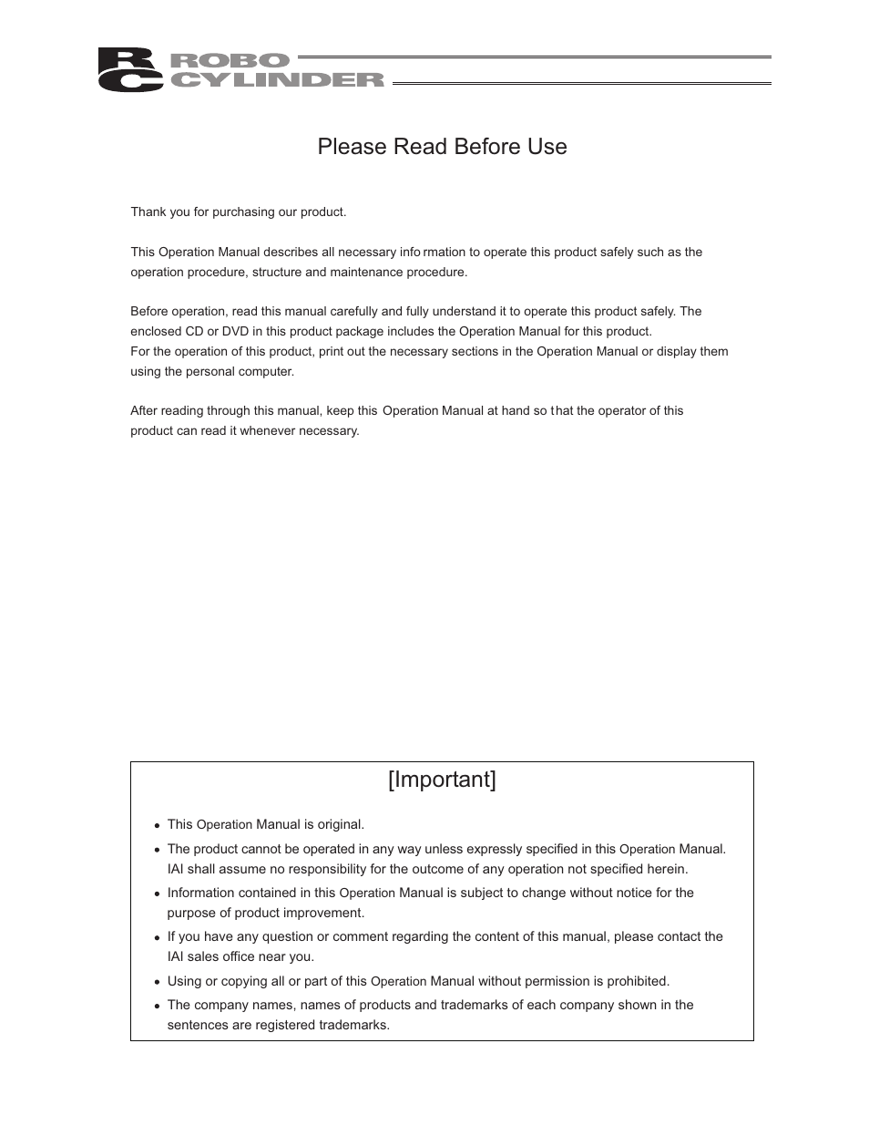 Please read before use, Important | IAI America RCS2-RTC12L User Manual | Page 3 / 60