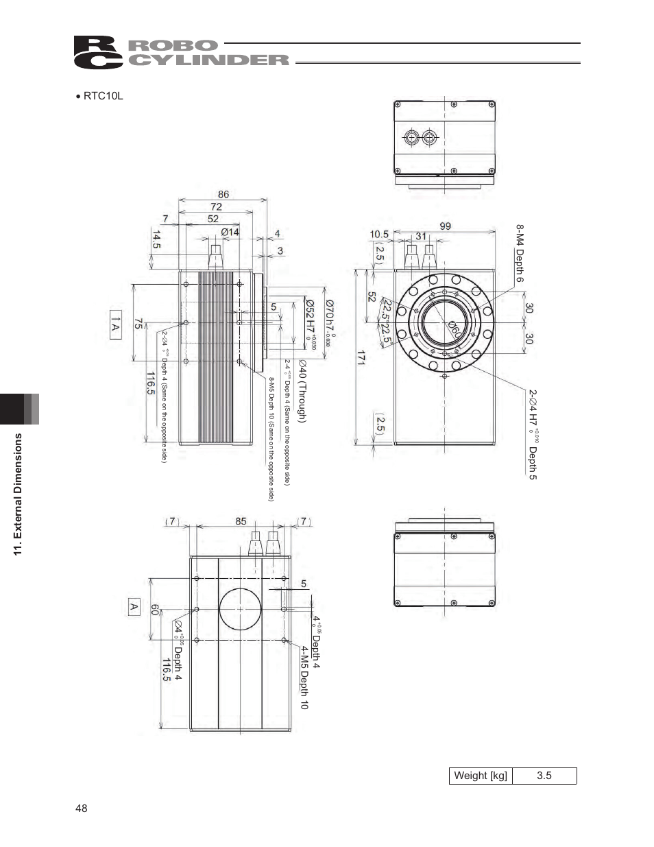 Weight [kg] 3.5, 4 depth 4, M5 depth 10 | IAI America RCS2-RTC12L User Manual | Page 54 / 60