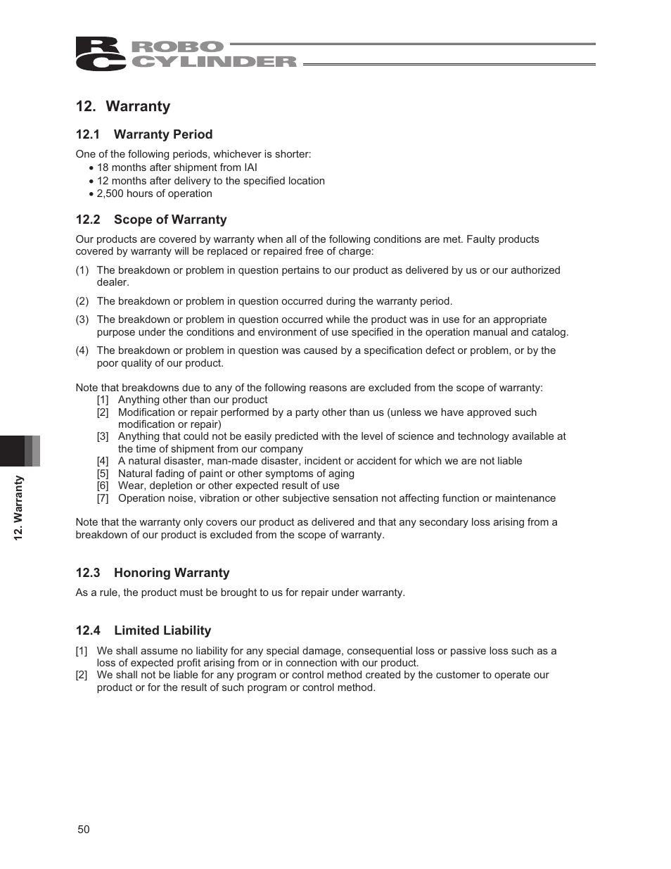 Warranty, 1 warranty period, 2 scope of warranty | 3 honoring warranty, 4 limited liability | IAI America RCS2-RTC12L User Manual | Page 56 / 60