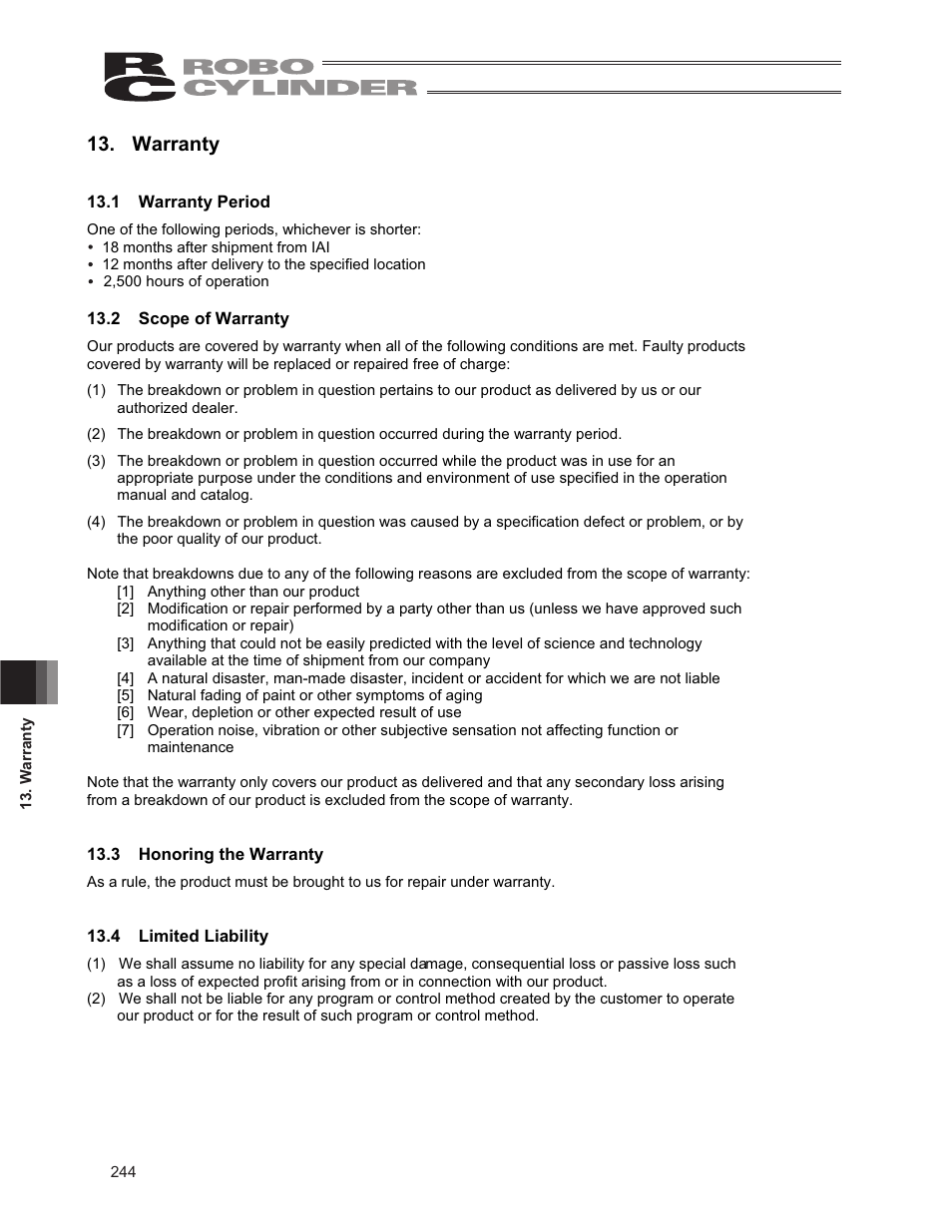 Warranty, 1 warranty period, 2 scope of warranty | 3 honoring the warranty, 4 limited liability | IAI America RCS3PCR-SS8C User Manual | Page 252 / 258