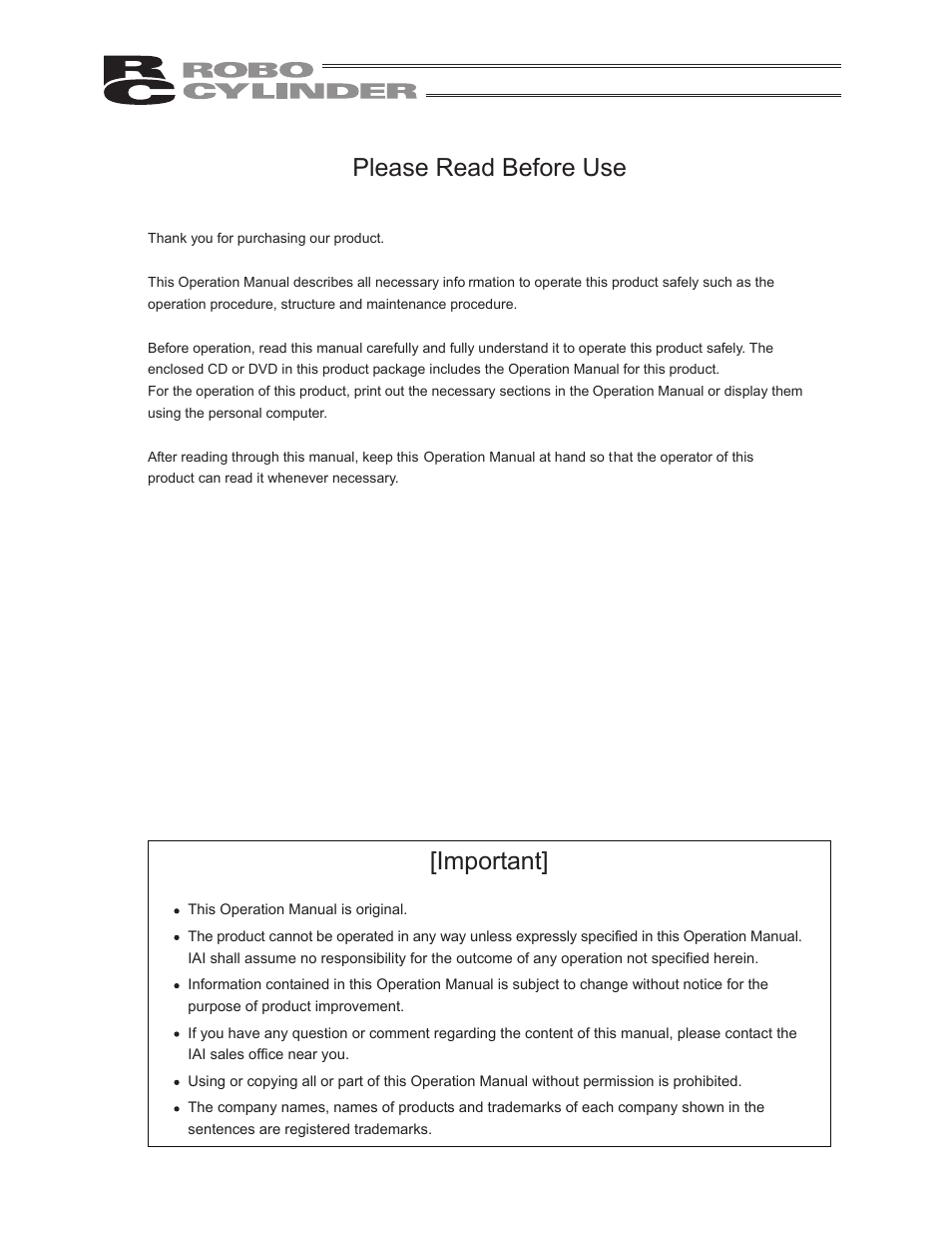 Please read before use, Important | IAI America RCS3PCR-SS8C User Manual | Page 3 / 258