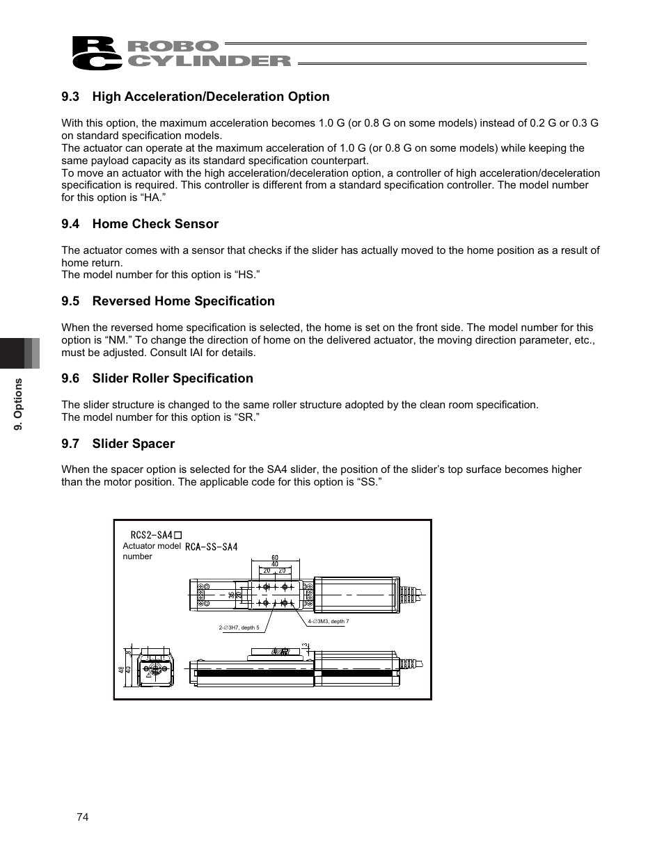 3 high acceleration/deceleration option, 4 home check sensor, 5 reversed home specification | 6 slider roller specification, 7 slider spacer | IAI America RCS3PCR-SS8C User Manual | Page 82 / 258