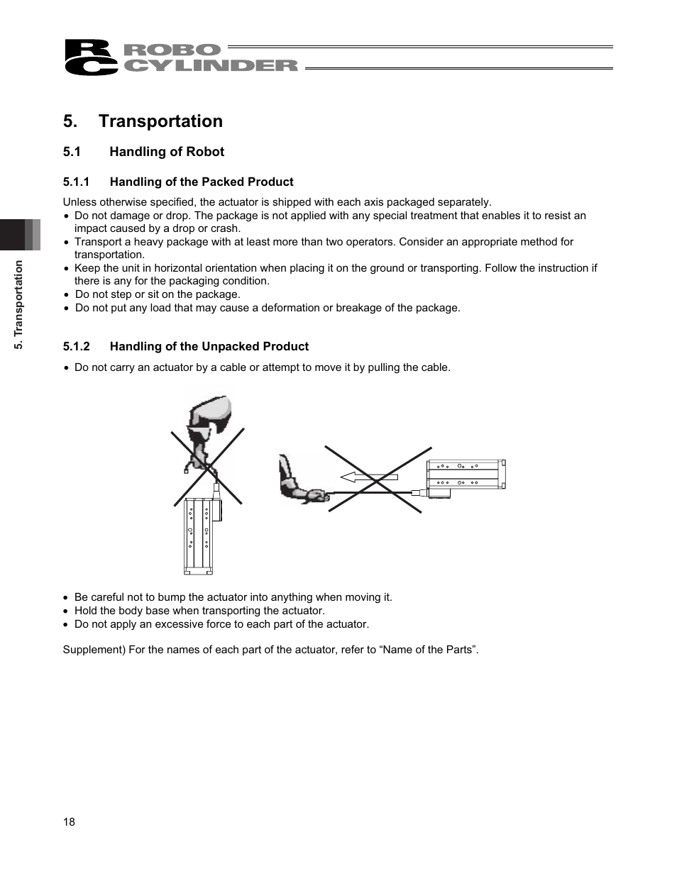 Transportation, 1 handling of robot | IAI America RCS2-TFA5N User Manual | Page 24 / 62