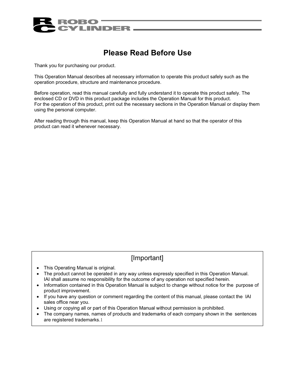 Please read before use, Important | IAI America RCS2-TFA5N User Manual | Page 3 / 62