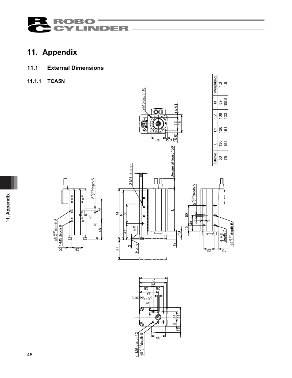 Appendix, 1 external dimensions, 1 tca5n | Appendix 48 | IAI America RCS2-TFA5N User Manual | Page 54 / 62