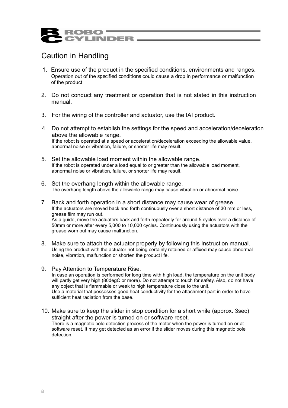 Caution in handling | IAI America RCL-SM6L User Manual | Page 14 / 66