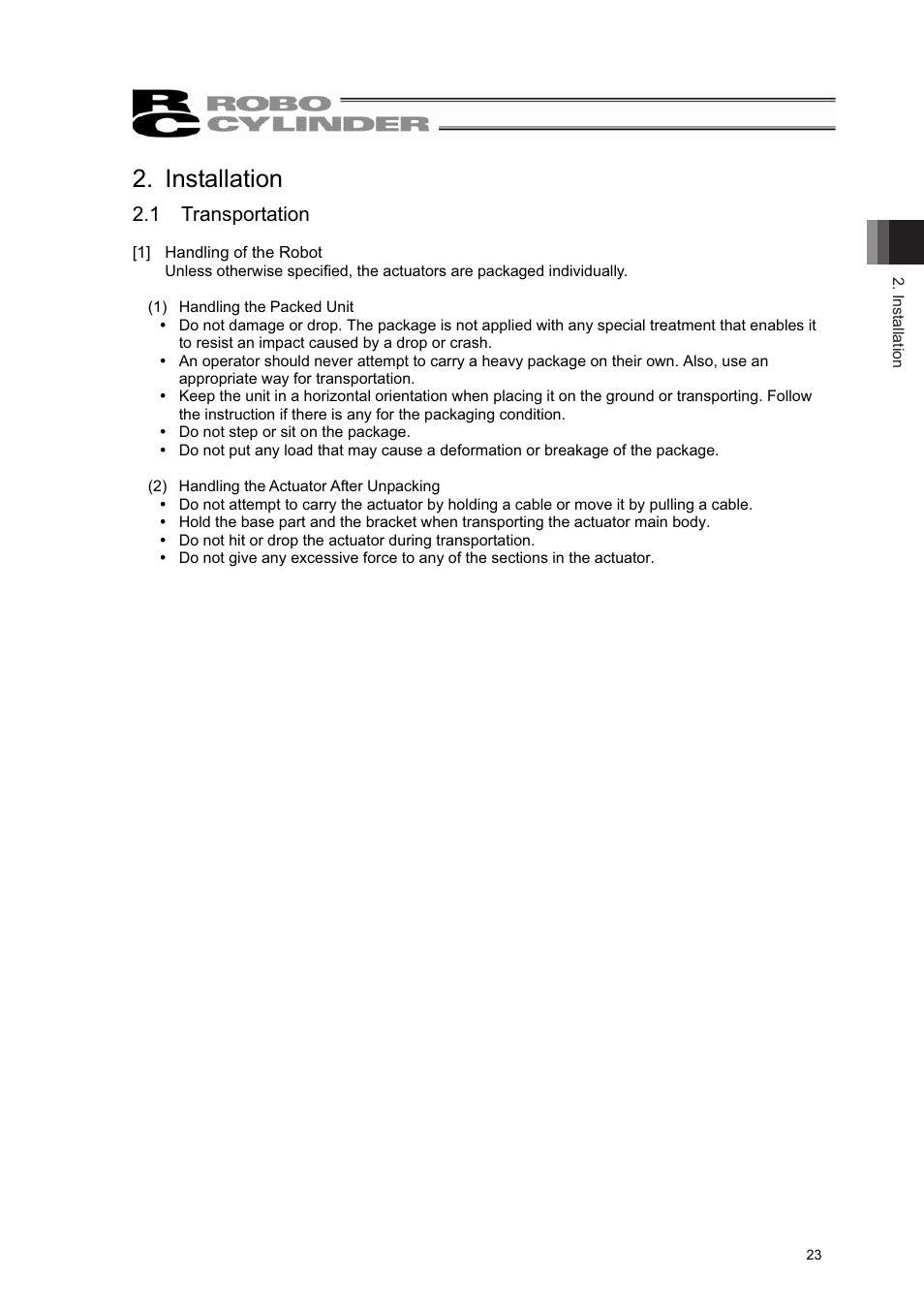 Installation, 1 transportation | IAI America RCL-SM6L User Manual | Page 29 / 66