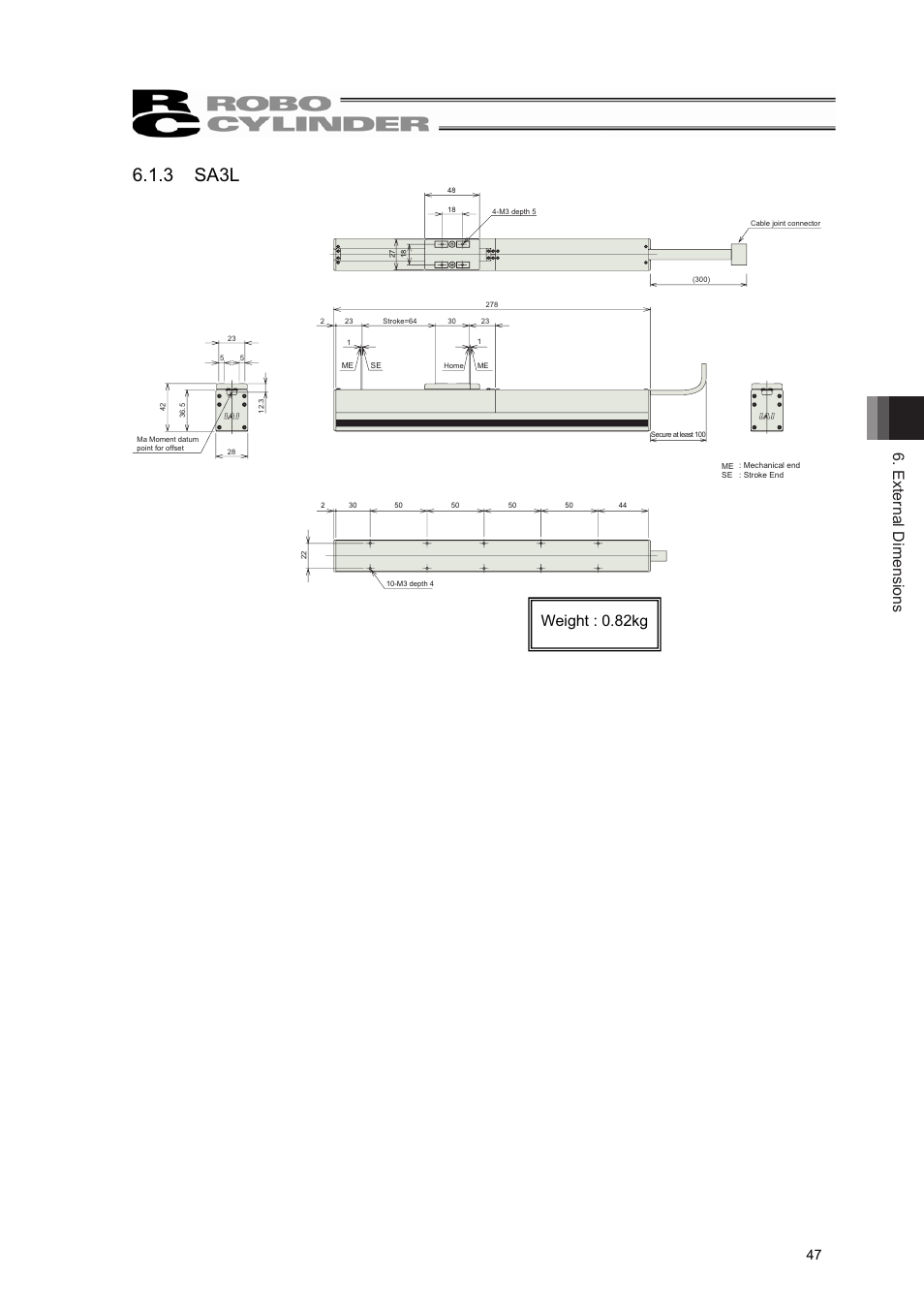 3 sa3l, External dimensions, Weight : 0.82kg | IAI America RCL-SM6L User Manual | Page 53 / 66