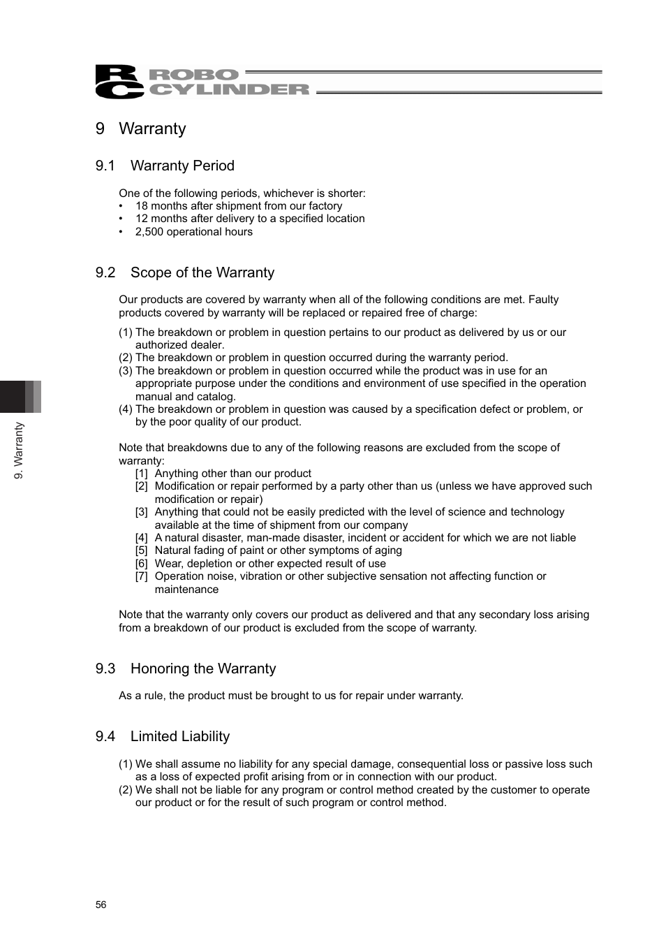 9 warranty, 1 warranty period, 2 scope of the warranty | 3 honoring the warranty, 4 limited liability | IAI America RCL-SM6L User Manual | Page 62 / 66