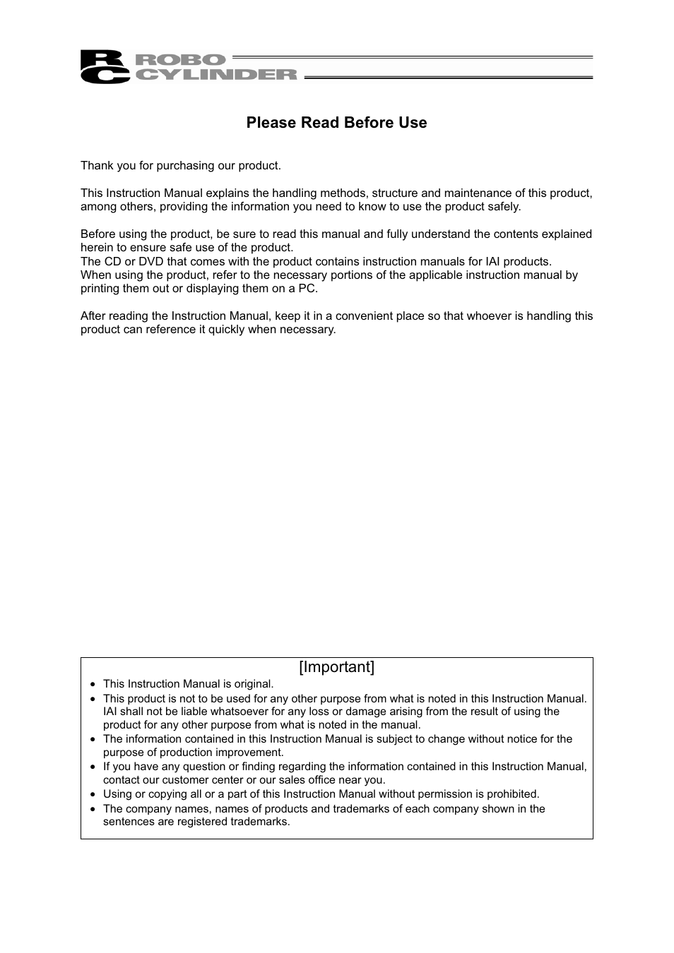 Please read before use, Important | IAI America RCL-RA3L User Manual | Page 3 / 56