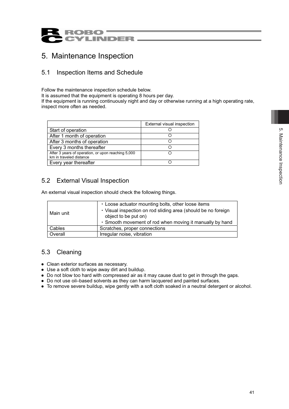 Maintenance inspection, 1 inspection items and schedule, 2 external visual inspection | 3 cleaning | IAI America RCL-RA3L User Manual | Page 47 / 56