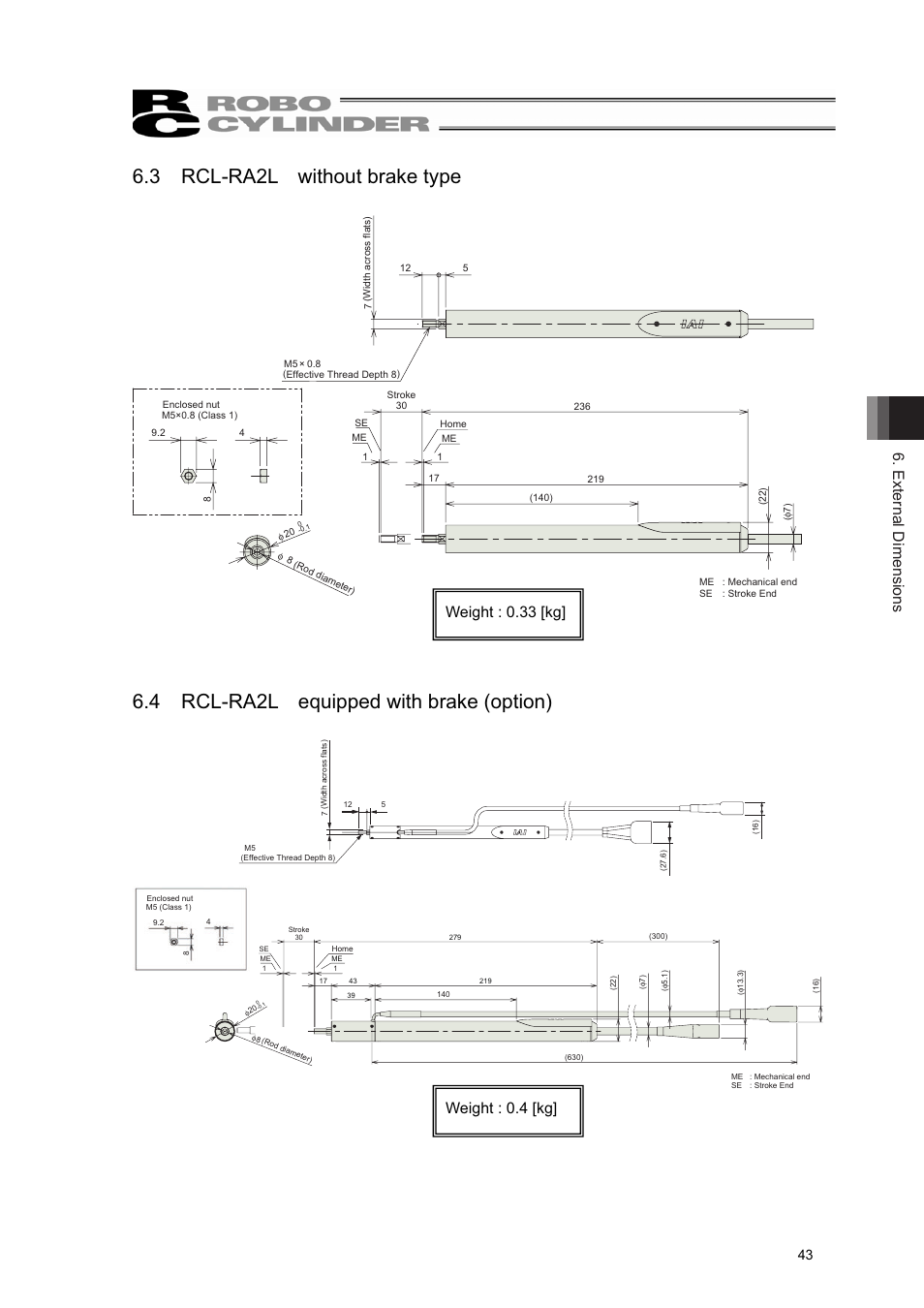 3 rcl-ra2l without brake type, 4 rcl-ra2l equipped with brake (option), External dimensions | IAI America RCL-RA3L User Manual | Page 49 / 56