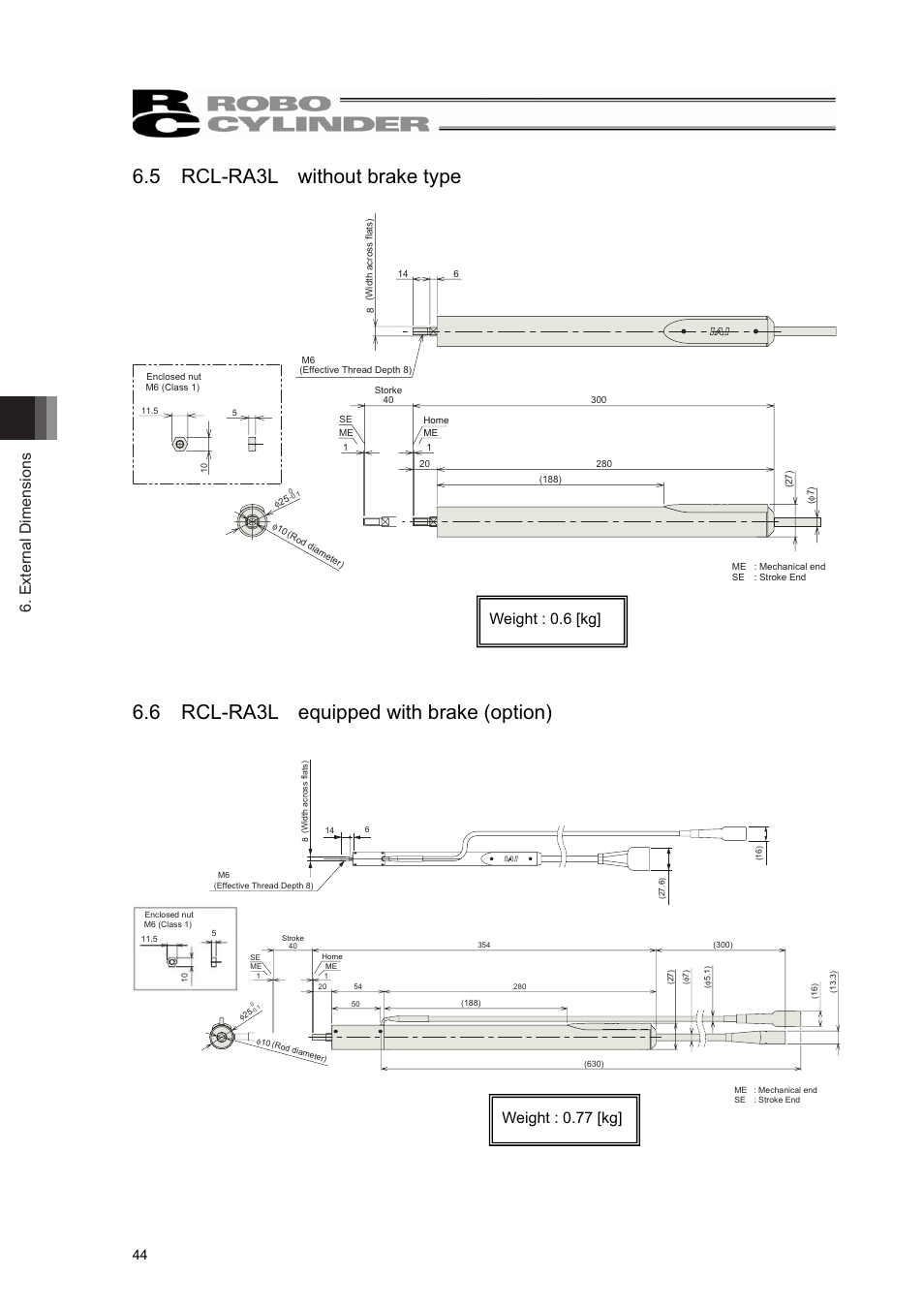 5 rcl-ra3l without brake type, 6 rcl-ra3l equipped with brake (option), External dimensions | IAI America RCL-RA3L User Manual | Page 50 / 56