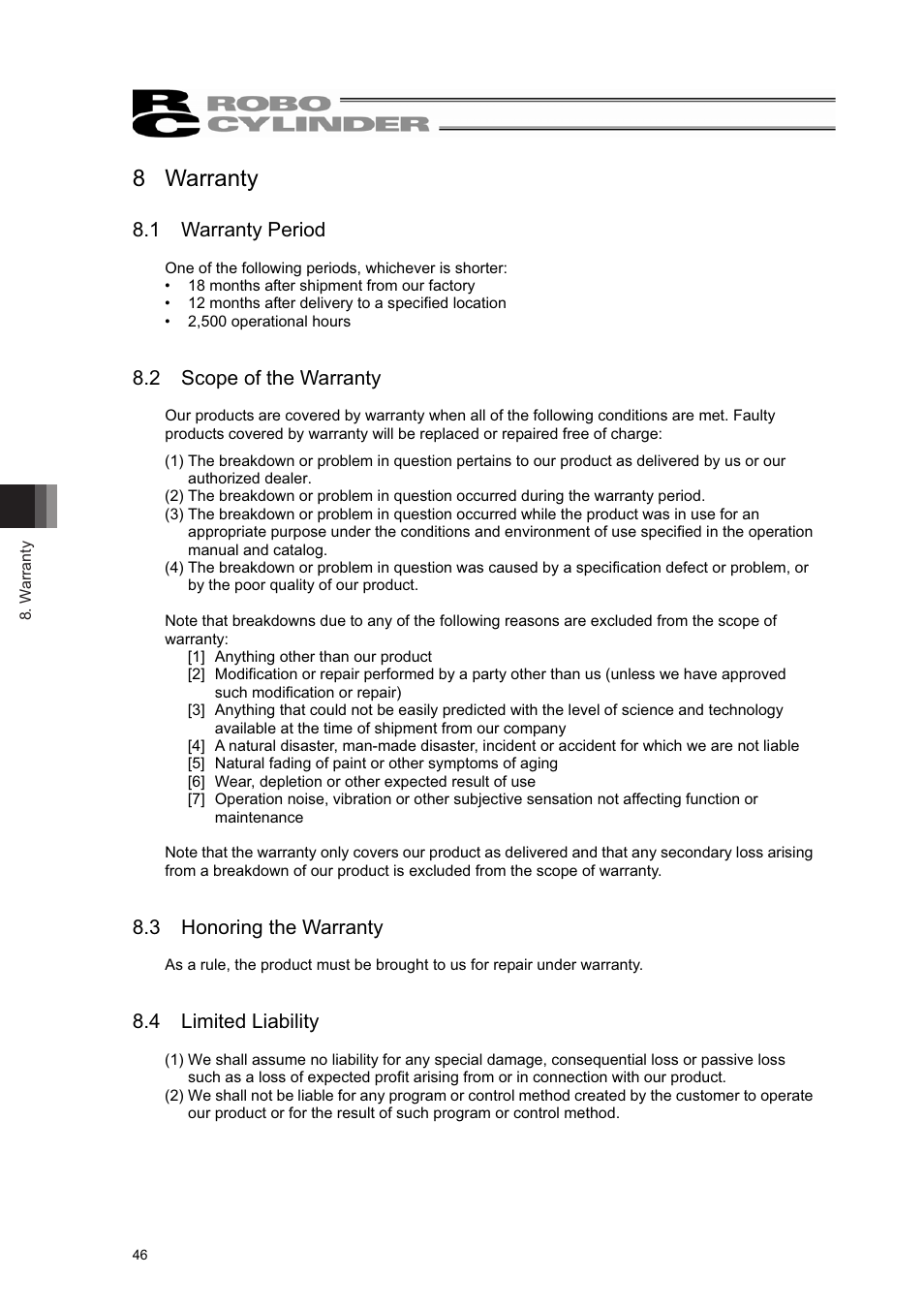 8 warranty, 1 warranty period, 2 scope of the warranty | 3 honoring the warranty, 4 limited liability | IAI America RCL-RA3L User Manual | Page 52 / 56