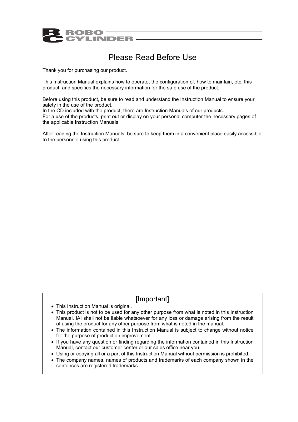 Please read before use, Important | IAI America RCLE-GR5L User Manual | Page 3 / 46