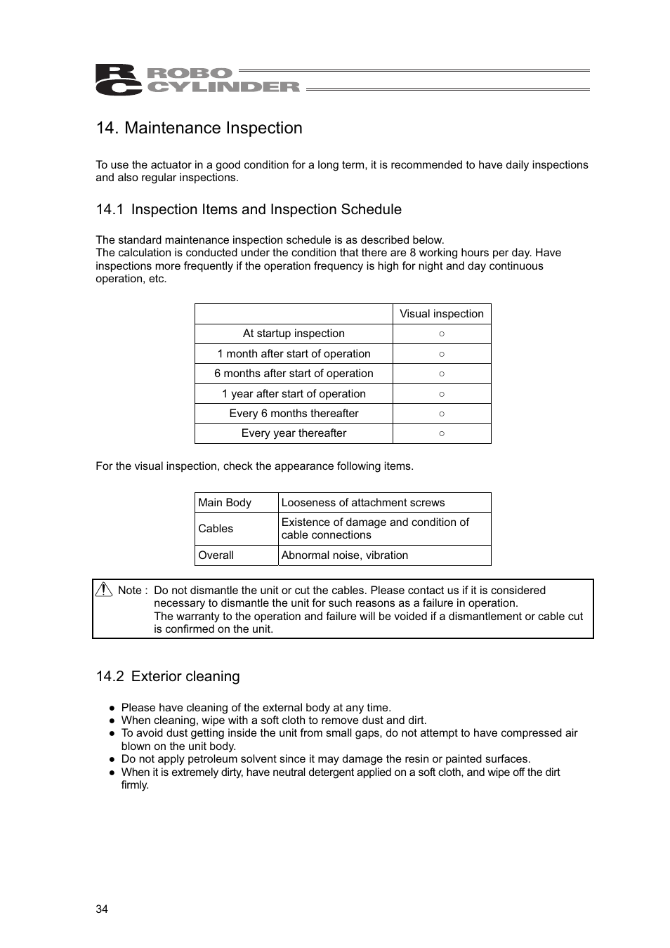 Maintenance inspection, 1 inspection items and inspection schedule, 2 exterior cleaning | IAI America RCLE-GR5L User Manual | Page 40 / 46