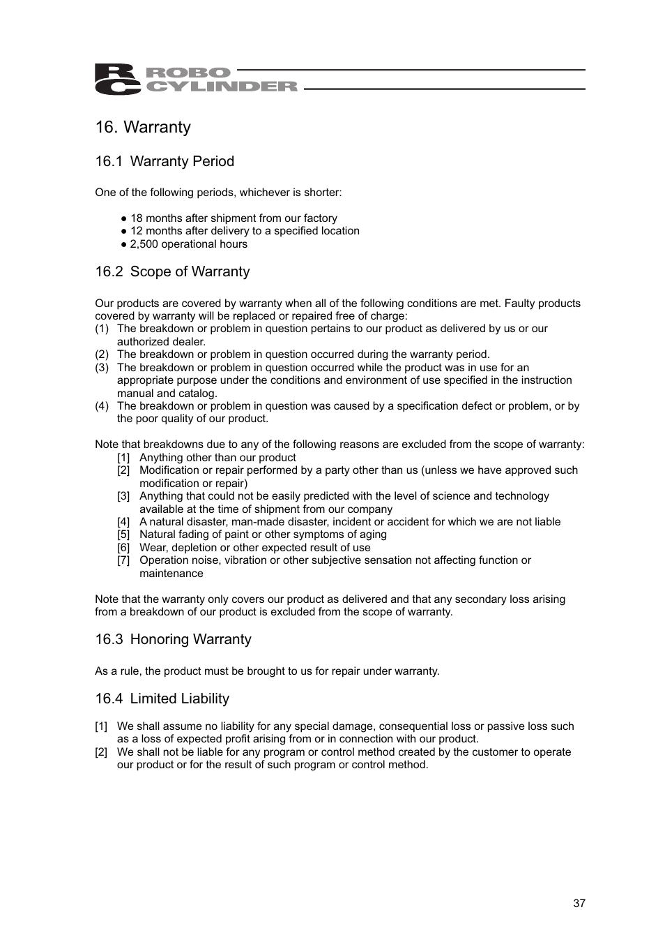 Warranty, 1 warranty period, 2 scope of warranty | 3 honoring warranty, 4 limited liability | IAI America RCLE-GR5L User Manual | Page 43 / 46