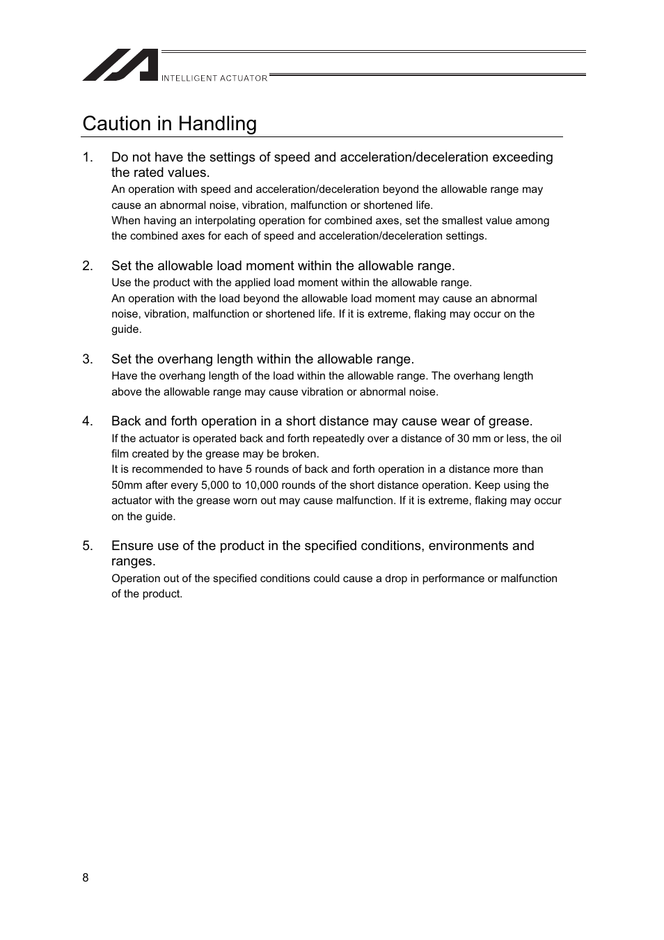 Caution in handling | IAI America FS User Manual | Page 14 / 84