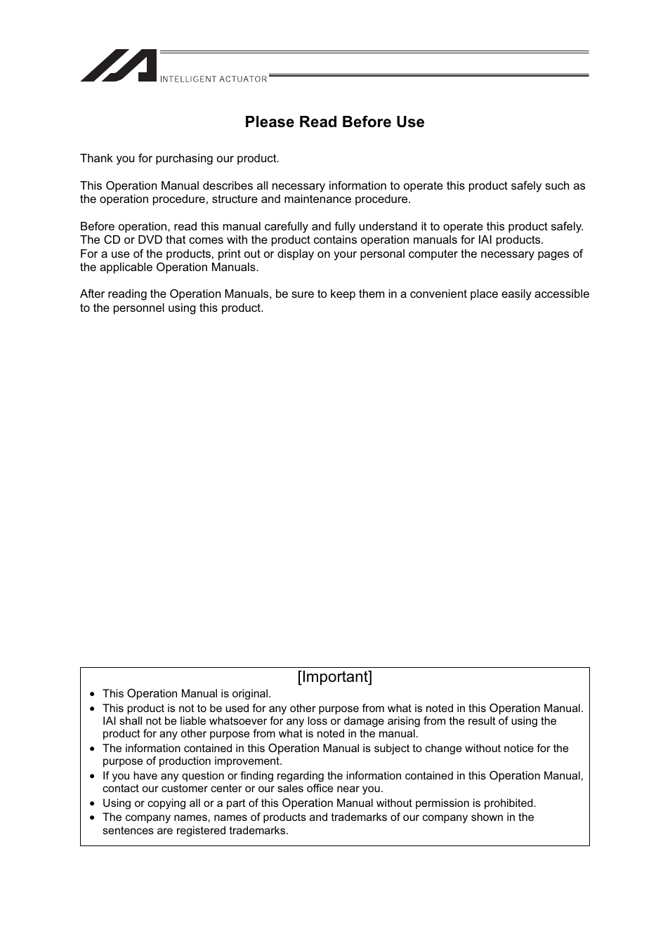 Please read before use, Important | IAI America FS User Manual | Page 3 / 84