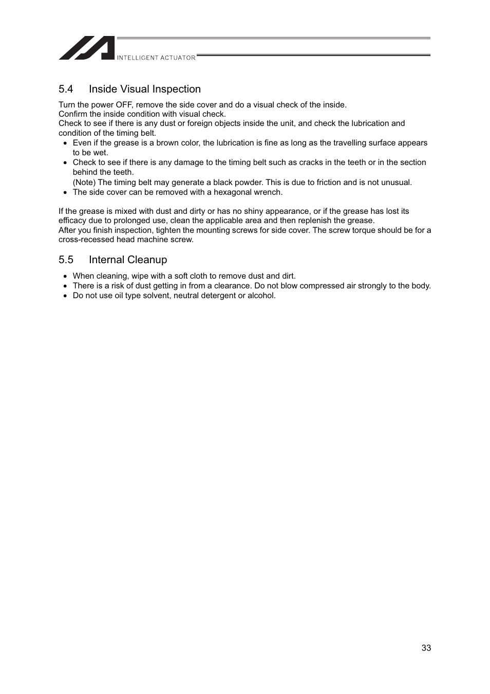 4 inside visual inspection, 5 internal cleanup | IAI America FS User Manual | Page 39 / 84