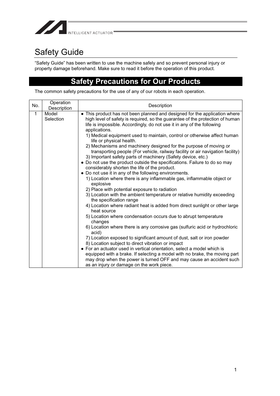 Safety guide, Safety precautions for our products | IAI America FS User Manual | Page 7 / 84