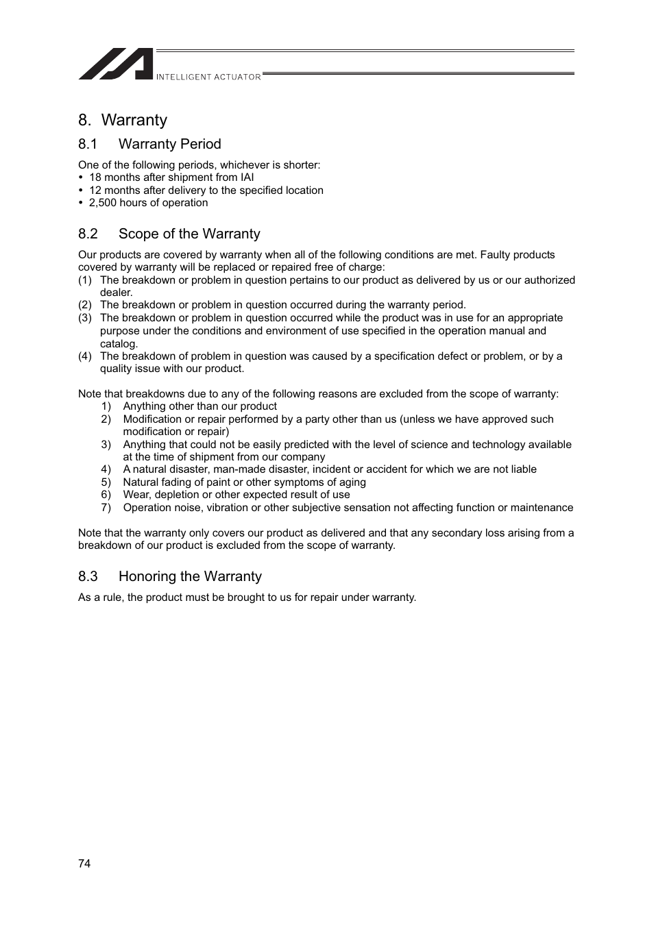 Warranty, 1 warranty period, 2 scope of the warranty | 3 honoring the warranty | IAI America FS User Manual | Page 80 / 84