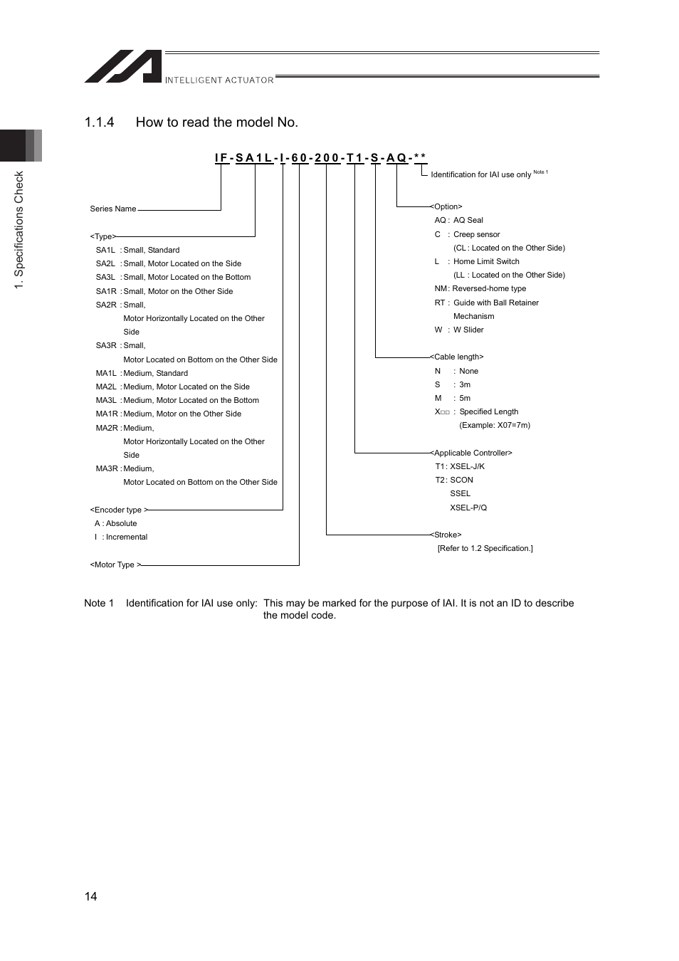 4 how to read the model no, Specifications check 14 | IAI America IF User Manual | Page 20 / 76