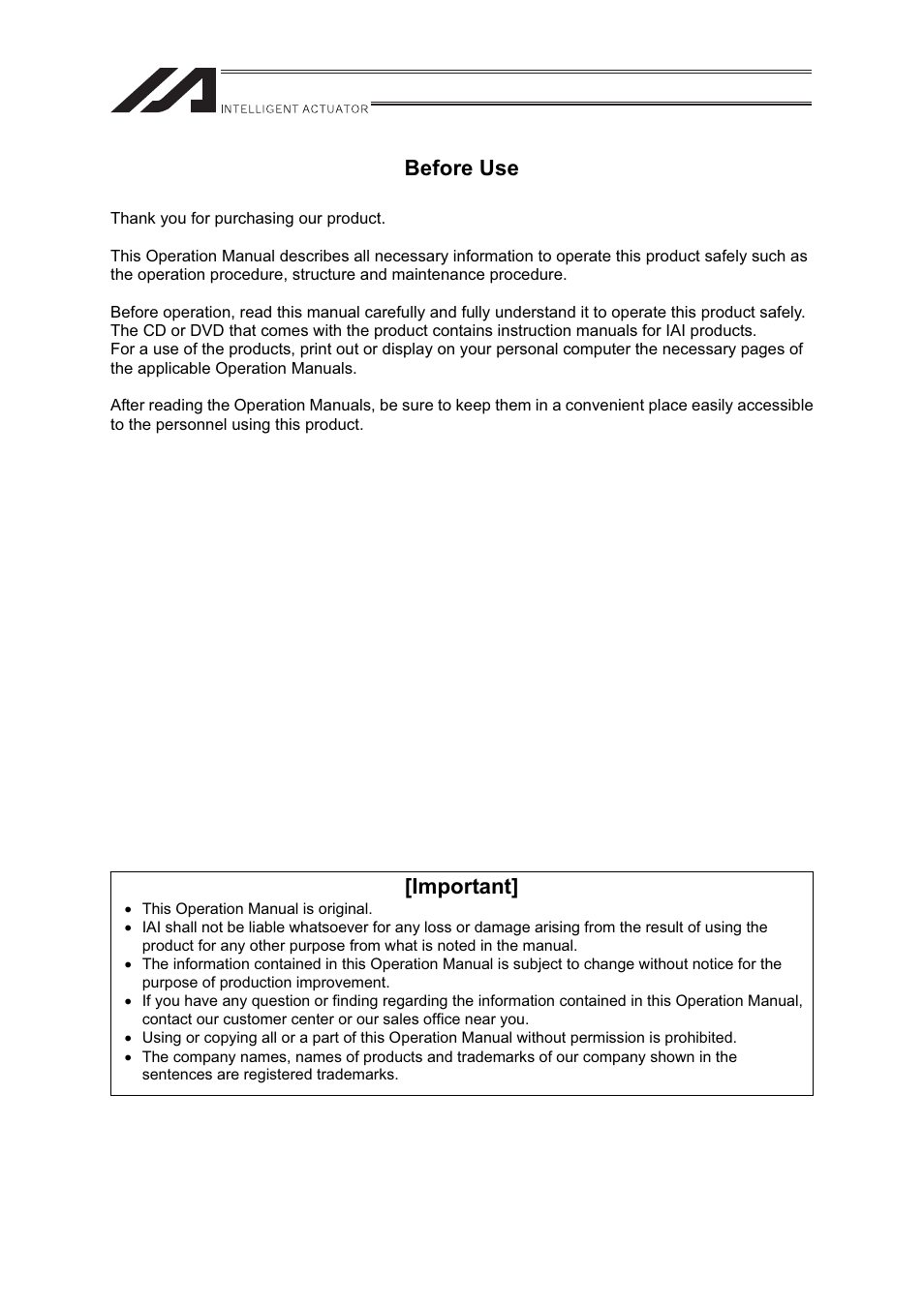 Before use, Important | IAI America IF User Manual | Page 3 / 76