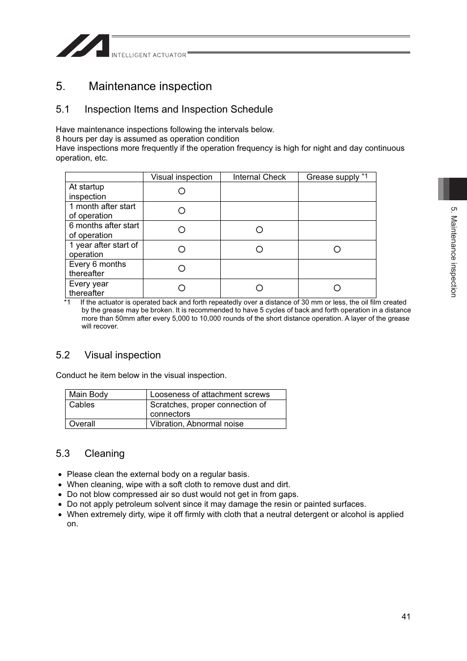 Maintenance inspection, 1 inspection items and inspection schedule, 2 visual inspection | 3 cleaning, 5㧚 maintenance inspection | IAI America IF User Manual | Page 47 / 76