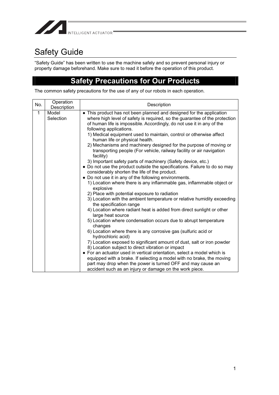 Safety guide, Safety precautions for our products | IAI America IF User Manual | Page 7 / 76