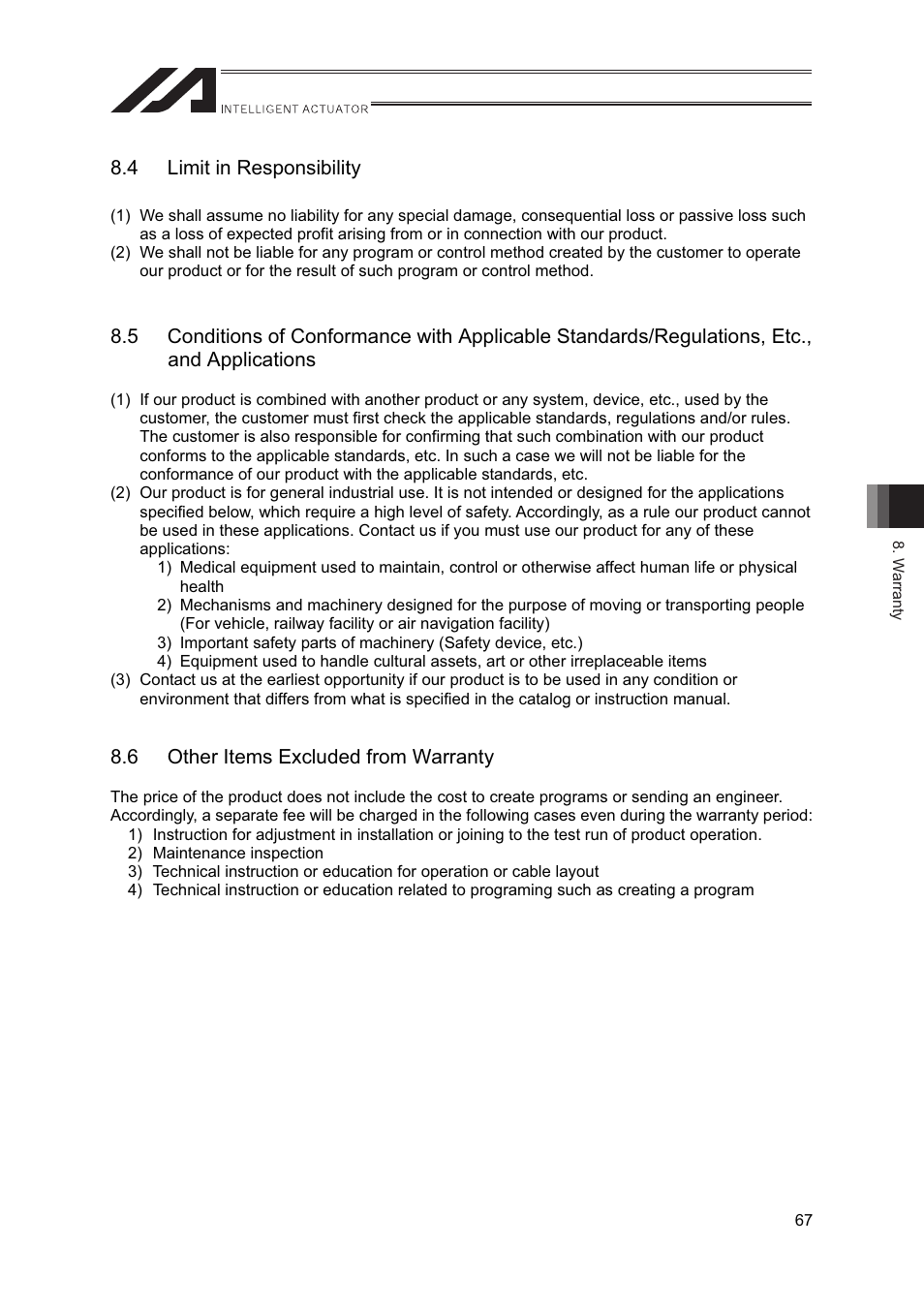 4 limit in responsibility, 6 other items excluded from warranty | IAI America IF User Manual | Page 73 / 76