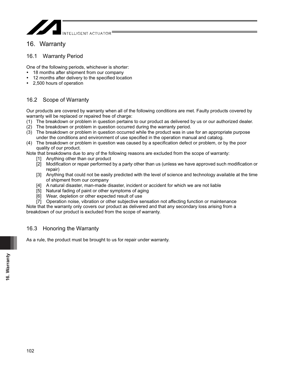 Warranty, 1 warranty period, 2 scope of warranty | 3 honoring the warranty | IAI America SSPA User Manual | Page 110 / 114