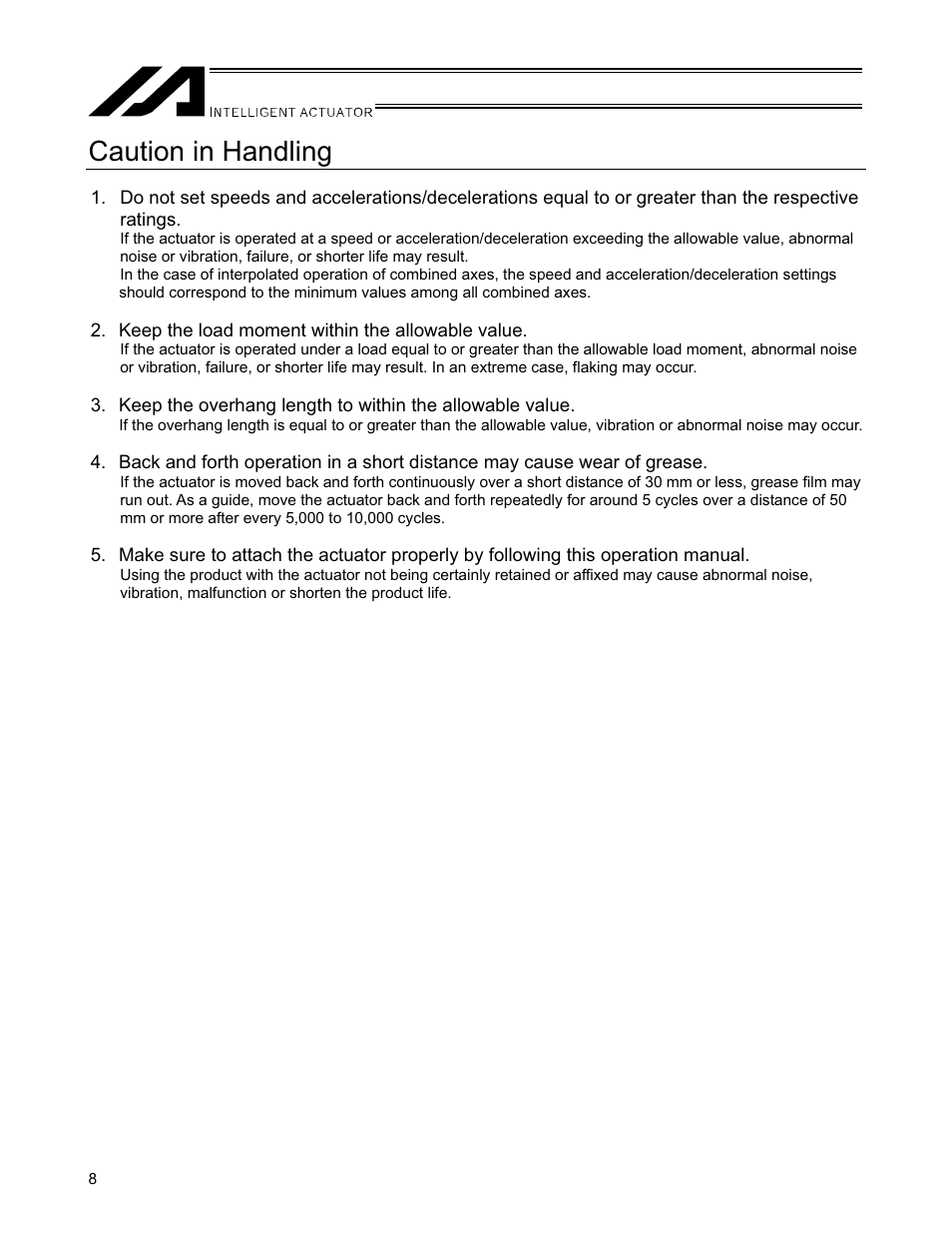 Caution in handling | IAI America SSPA User Manual | Page 16 / 114