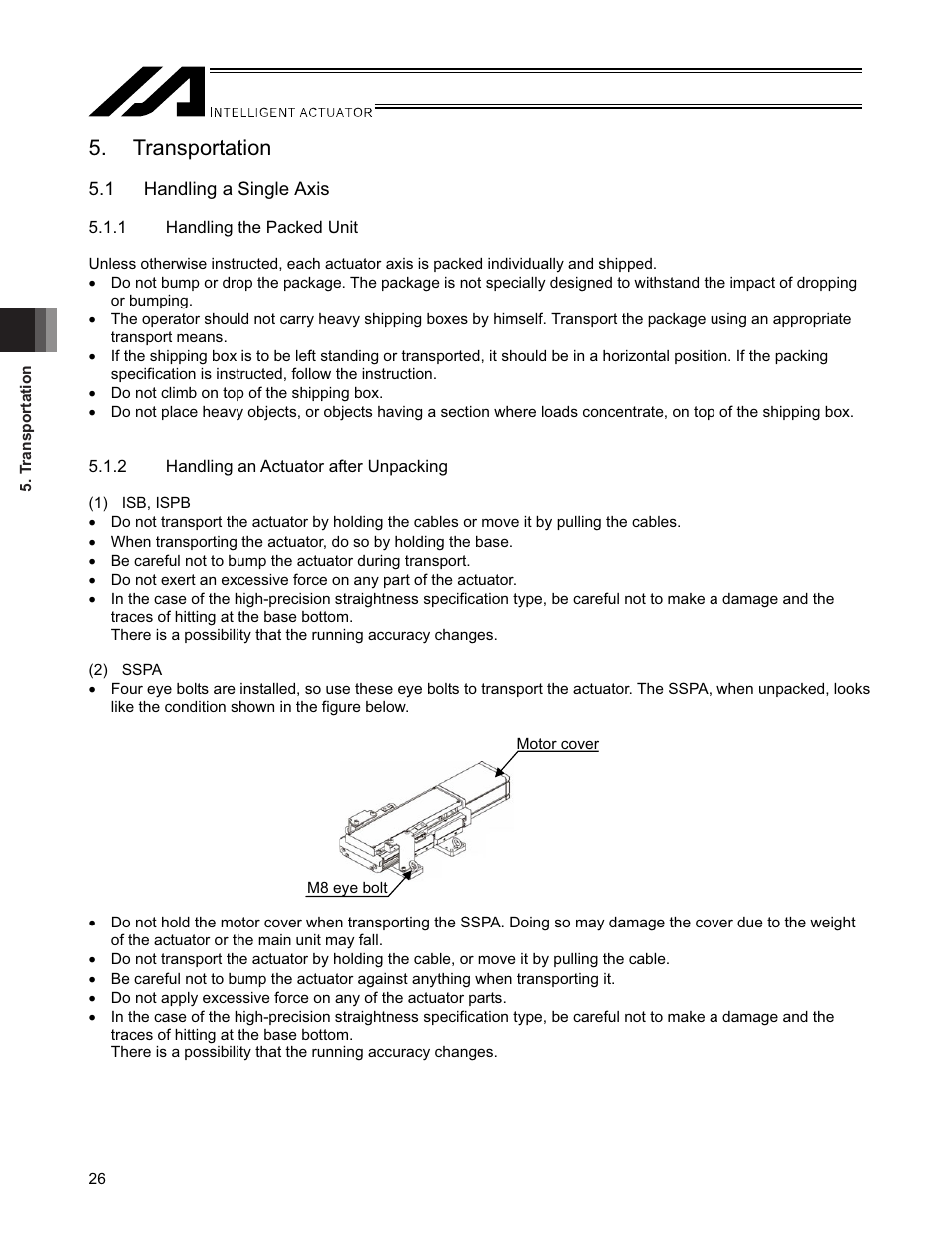 Transportation, 1 handling a single axis | IAI America SSPA User Manual | Page 34 / 114