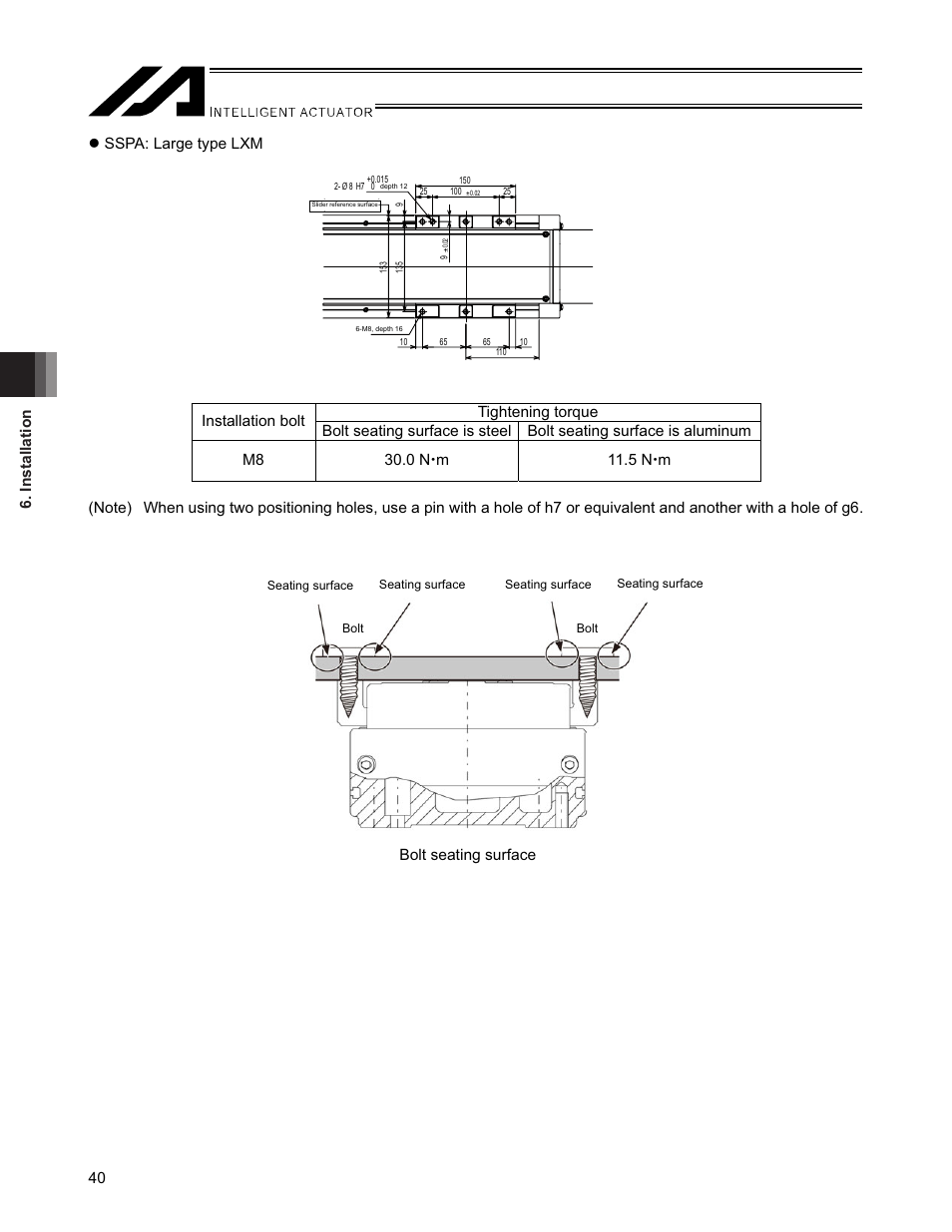 Installation 40, Bolt seating surface | IAI America SSPA User Manual | Page 48 / 114