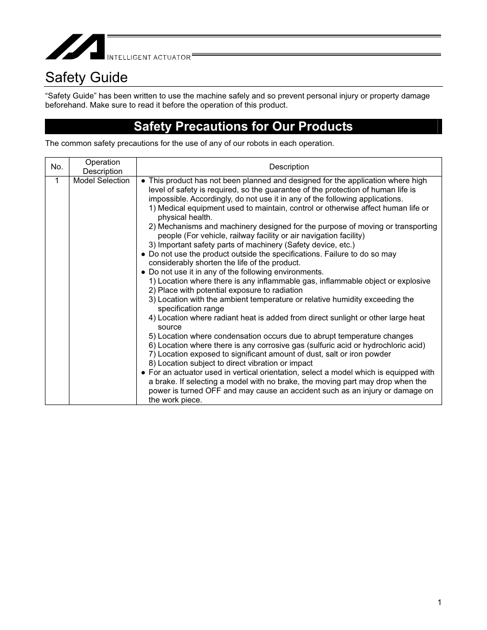 Safety guide, Safety precautions for our products | IAI America SSPA User Manual | Page 9 / 114