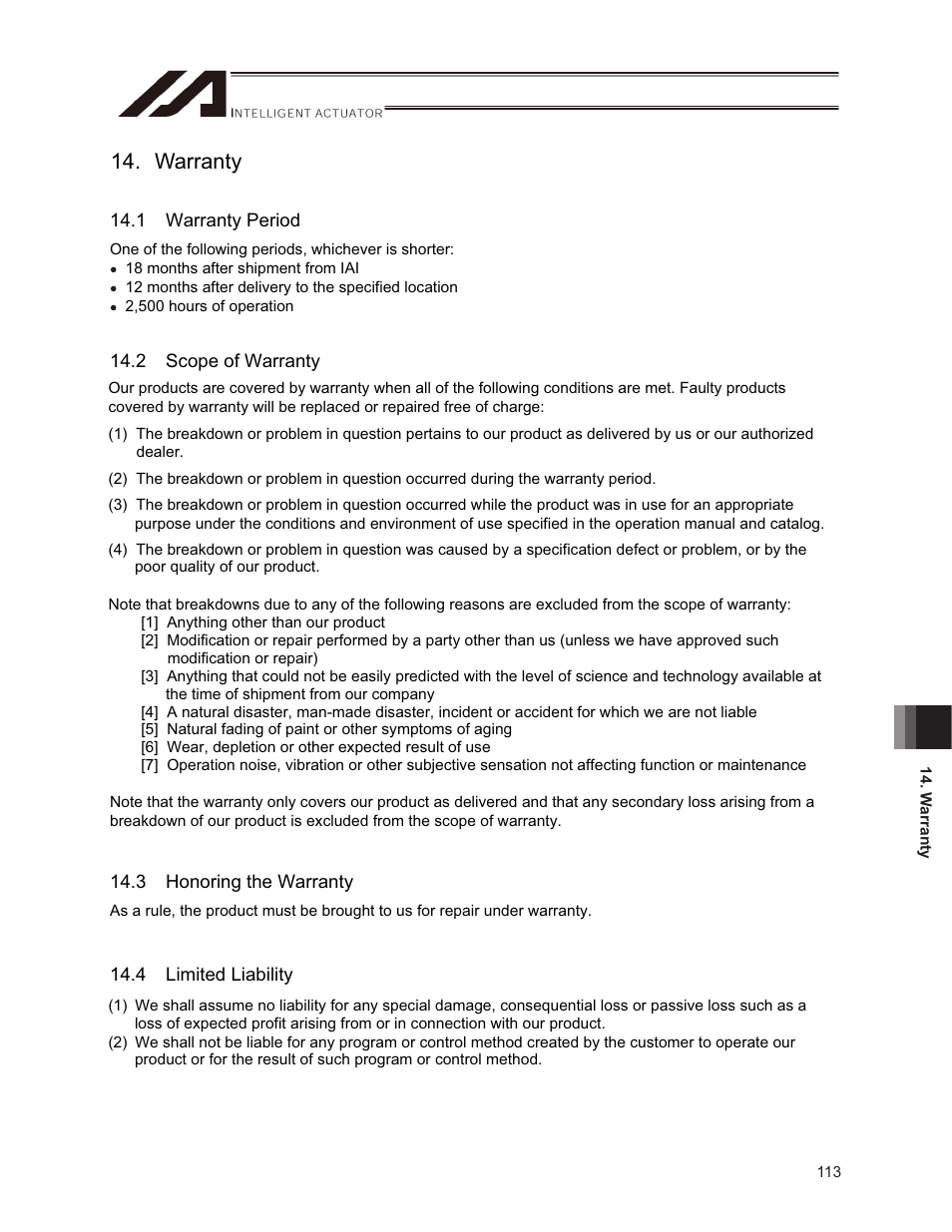 Warranty, 1 warranty period, 2 scope of warranty | 3 honoring the warranty, 4 limited liability | IAI America ISPDACR-ESD User Manual | Page 121 / 126