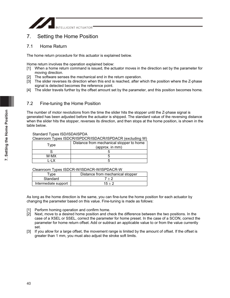 Setting the home position, 1 home return, 2 fine-tuning the home position | IAI America ISPDACR-ESD User Manual | Page 48 / 126