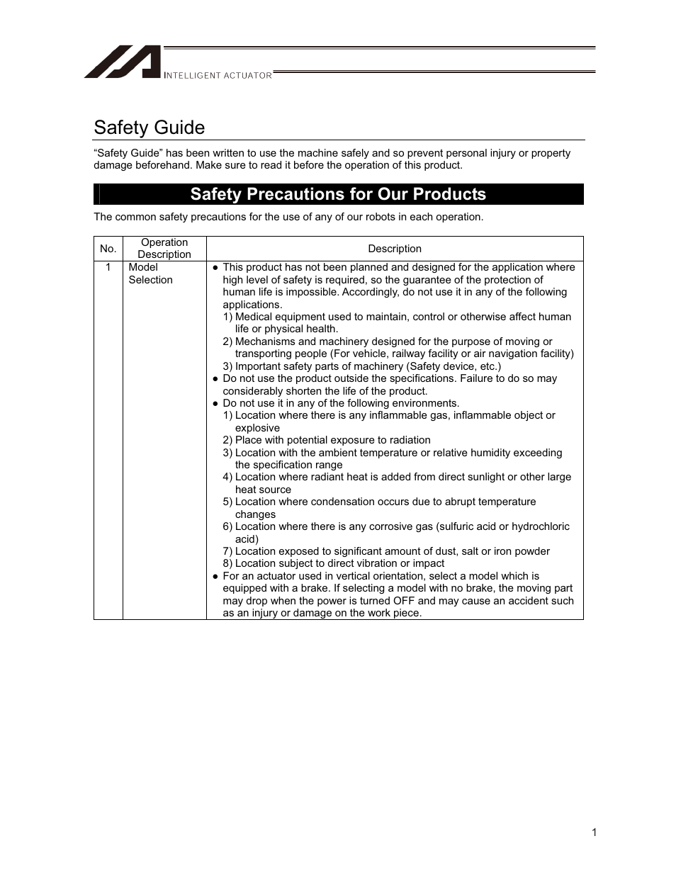 Safety guide, Safety precautions for our products | IAI America ISPDACR-ESD User Manual | Page 9 / 126