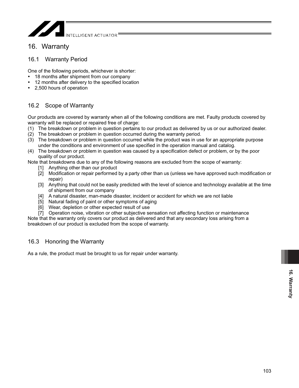 Warranty, 1 warranty period, 2 scope of warranty | 3 honoring the warranty | IAI America SSPDACR User Manual | Page 111 / 116