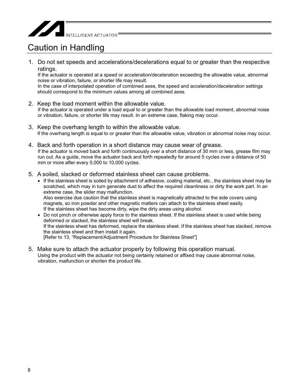 Caution in handling | IAI America SSPDACR User Manual | Page 16 / 116
