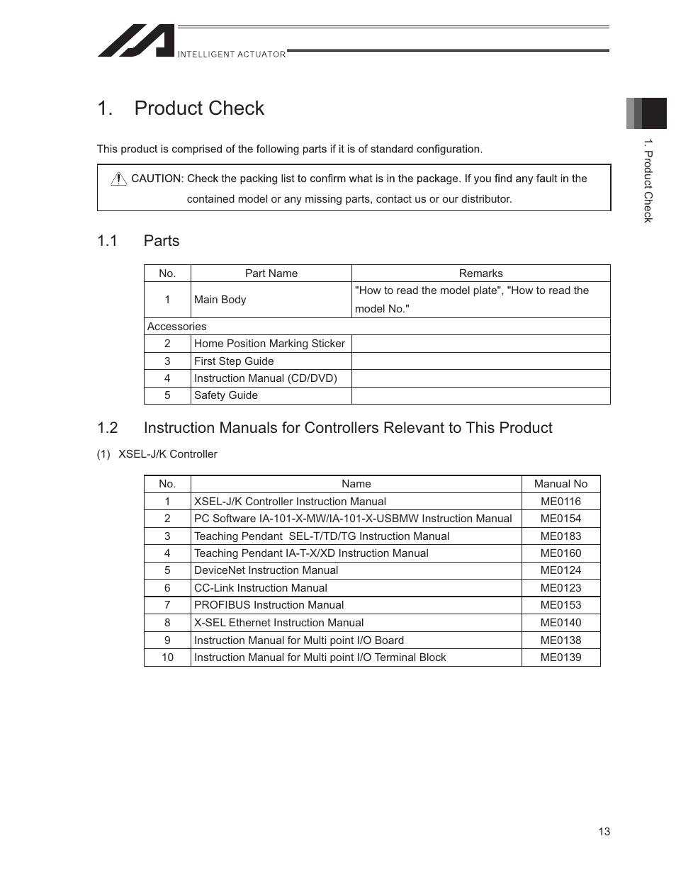 Product check, 1 parts | IAI America ISWA User Manual | Page 21 / 90