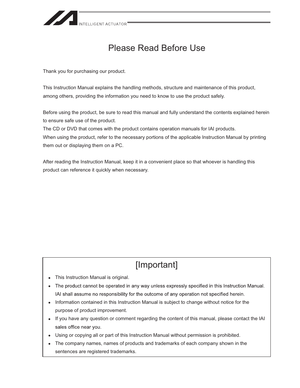 Please read before use, Important | IAI America ISWA User Manual | Page 3 / 90