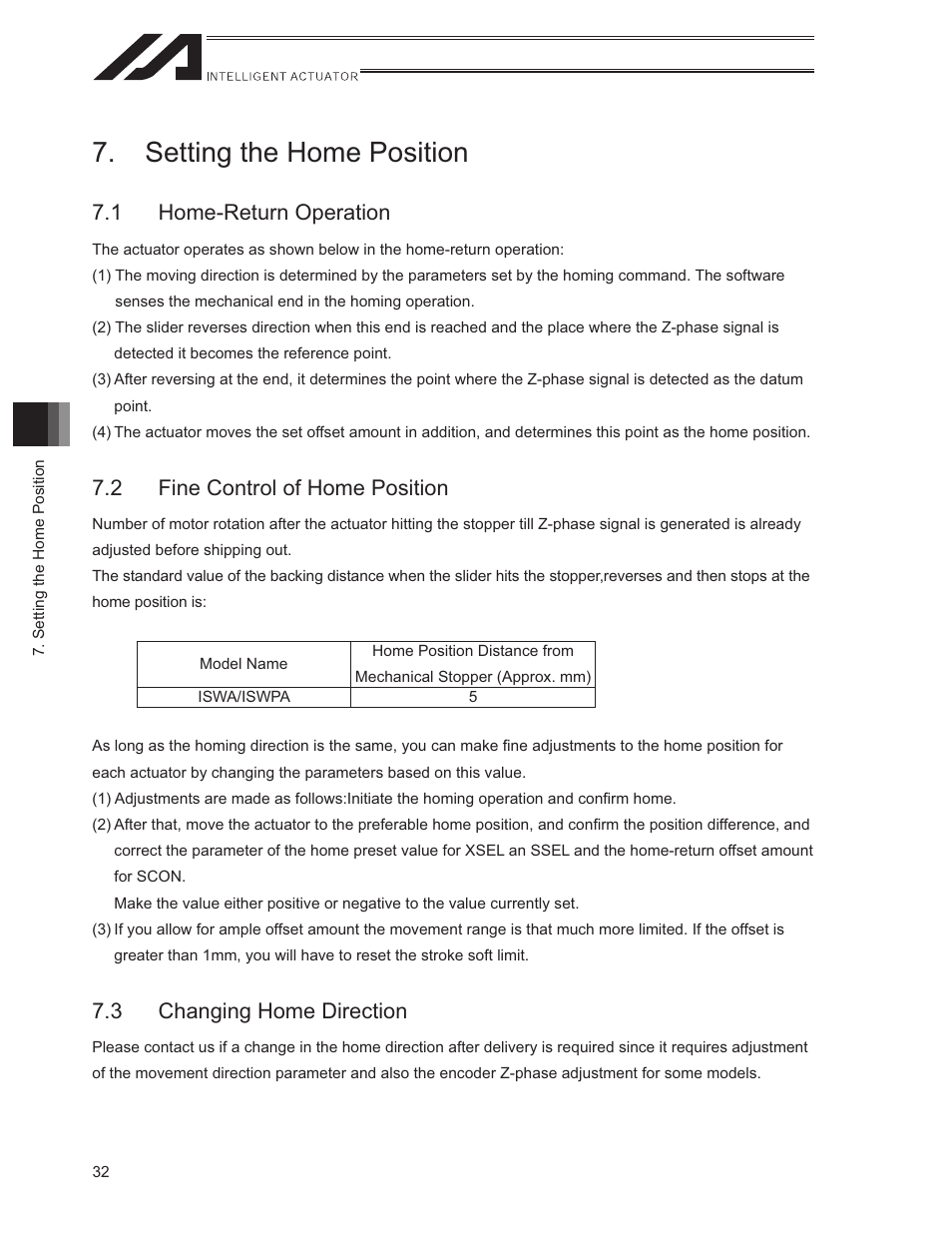 Setting the home position, 1 home-return operation, 2 fine control of home position | 3 changing home direction | IAI America ISWA User Manual | Page 40 / 90