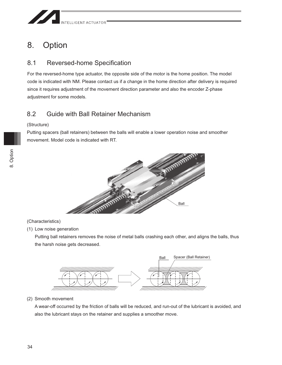 Option, 1 reversed-home specification, 2 guide with ball retainer mechanism | 5hyhuvhgkrph6shfl¿fdwlrq | IAI America ISWA User Manual | Page 42 / 90