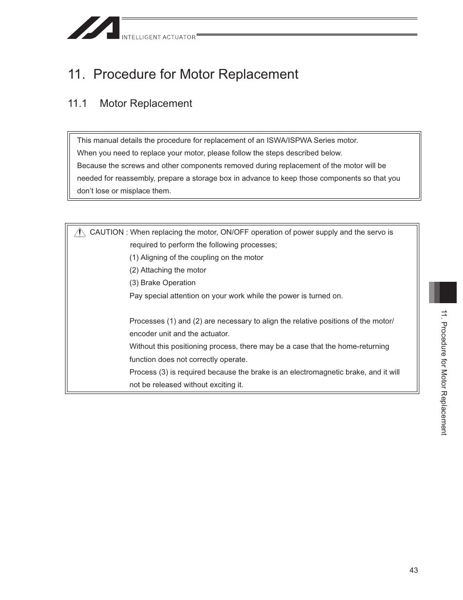 Procedure for motor replacement, 1 motor replacement | IAI America ISWA User Manual | Page 51 / 90