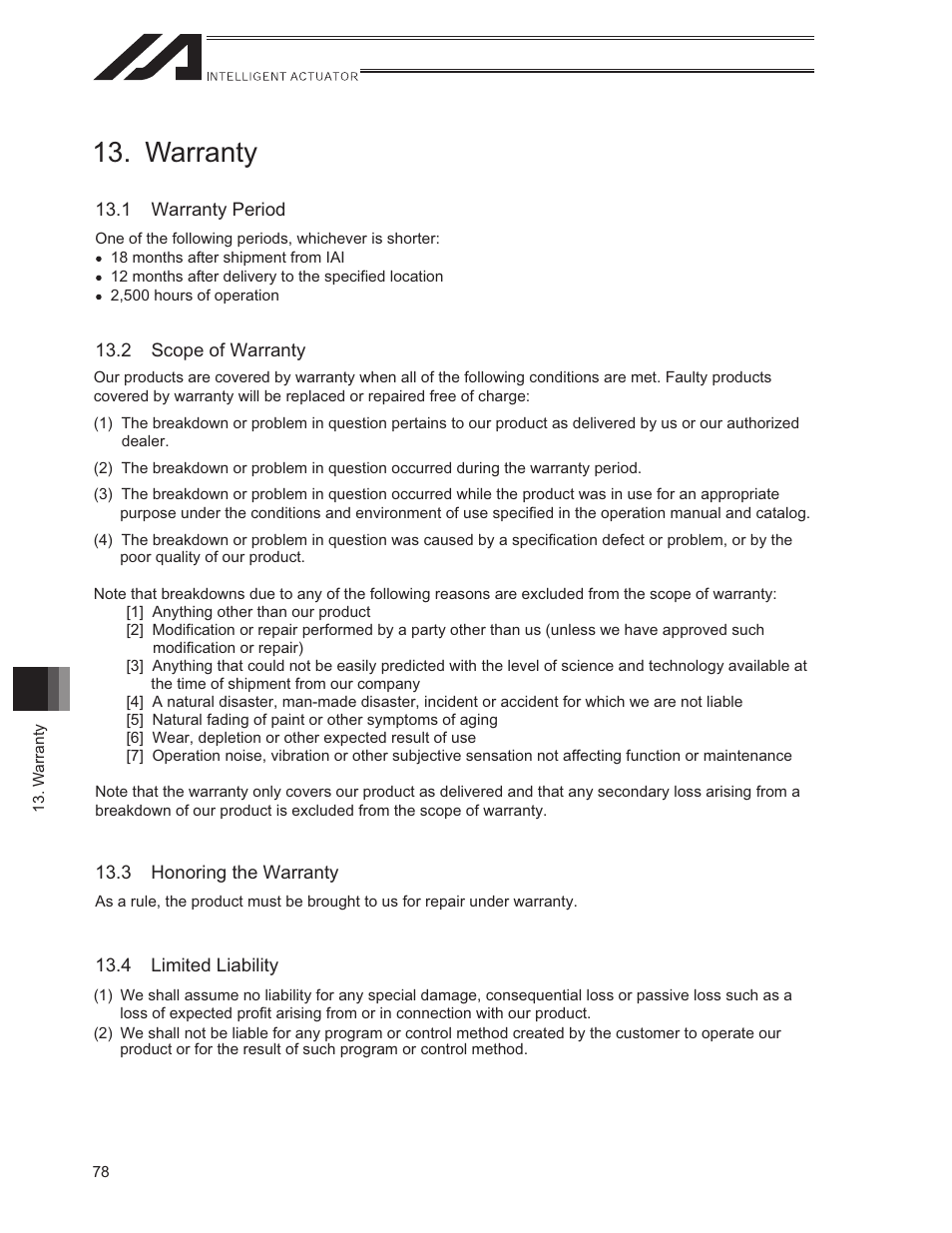 Warranty, 1 warranty period, 2 scope of warranty | 3 honoring the warranty, 4 limited liability | IAI America ISWA User Manual | Page 86 / 90