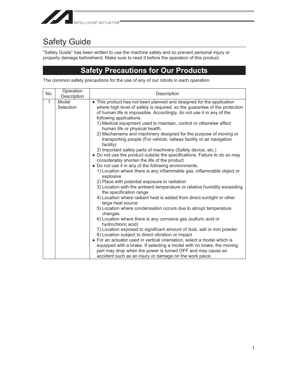 Safety guide, Safety precautions for our products | IAI America ISWA User Manual | Page 9 / 90