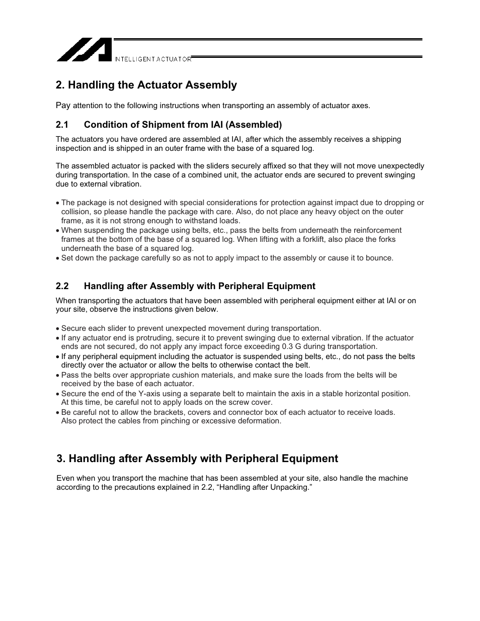 Handling the actuator assembly, Handling after assembly with peripheral equipment | IAI America NS User Manual | Page 12 / 78